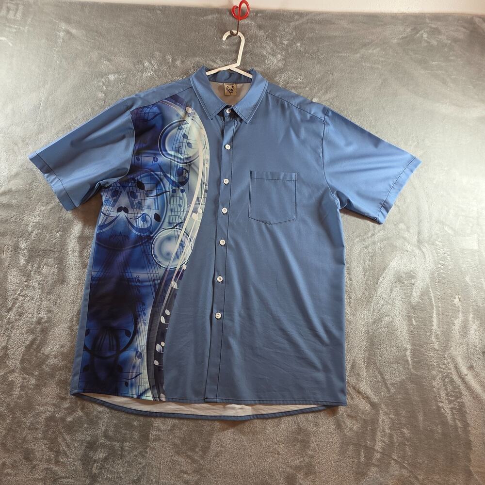 Hardaddy Mens Medium Music Notes Button Up Shirt Blue Short Sleeve Graphic